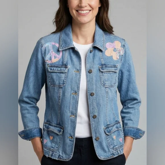 Upcyled Peace Applique Distressed Jean Jacket - Picture 2 of 15